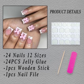 ROFIBUT French Tip Press on Nails - Short Square Acrylic Nails with 3D Resin Bow Charm Designs, Natural Nude Glossy Finish, 24Pcs