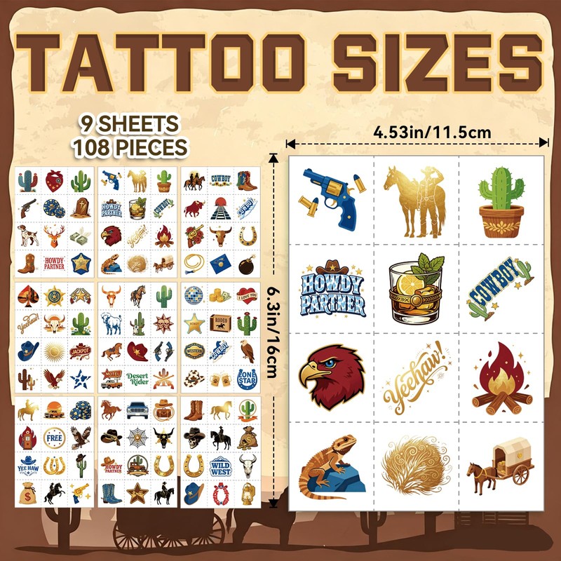108 PCS Cowboy Temporary Tattoos Kids, Rodeo Birthday Party Favors