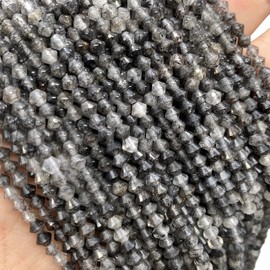 ABCGEMS Brazilian Black Rutilated Quartz Beads (A Revolutionary Bi-Cone Cutting Technique- More Angles to Reflect Light) Natural Gemstone, Micro-Faceted, Diamond-Cut, Bicone, Extremely-Tiny, 4mm