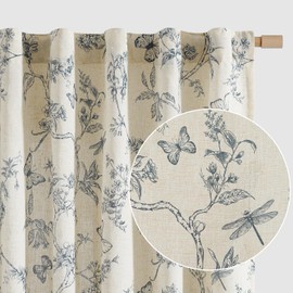 Lazzzy Charlotte Linen Farmhouse Curtains Blue Floral Curtains 63 Inch Length Back Tab Drapes for Living Room Bedroom Light Filtering Country Vintage Rod Pocket Curtain, 2 Panels, Blue on Beige