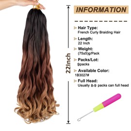 9 Packs French Curls Braiding Hair 22 Inch Ombre 3 Tones French Curly Braiding Hair 75g/Pack Pre Stretched Bouncy Loose Wavy Braiding Hair Synthetic Crochet Braids Hair For Box Braids Hair Extension For Women（22 Inch,1B3027#）