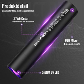 SuperFire LED UV Black Light Torch, UV Torch 365 nm Professional, Pet Urine Detector for Carpet/Bathroom, Money Check + Hotel/Hygiene Inspection Compact USB Lamp