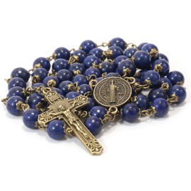 Nazareth Store Antique Bronze Rosary Necklace with Genuine 8mm lapis Lazuli Stone Beads with St. Benedict Cross and Medal