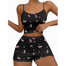 Hilinker Women's 2 Piece Fruit Pajama Set Ribbed Cami Top and Shorts Sleepwear Cute Pjs Black Pink Cherry Small