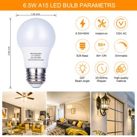MorningLight 6 Pack A15 LED Bulb, 6.5W Dimmable LED Light Bulb Equal 60 Watt Incandescent Bulbs, 3000K Soft White, E26 Base, A15 6.5W Appliance Light Bulb for Ceiling Fan, Lighting Fixtures, 600LM