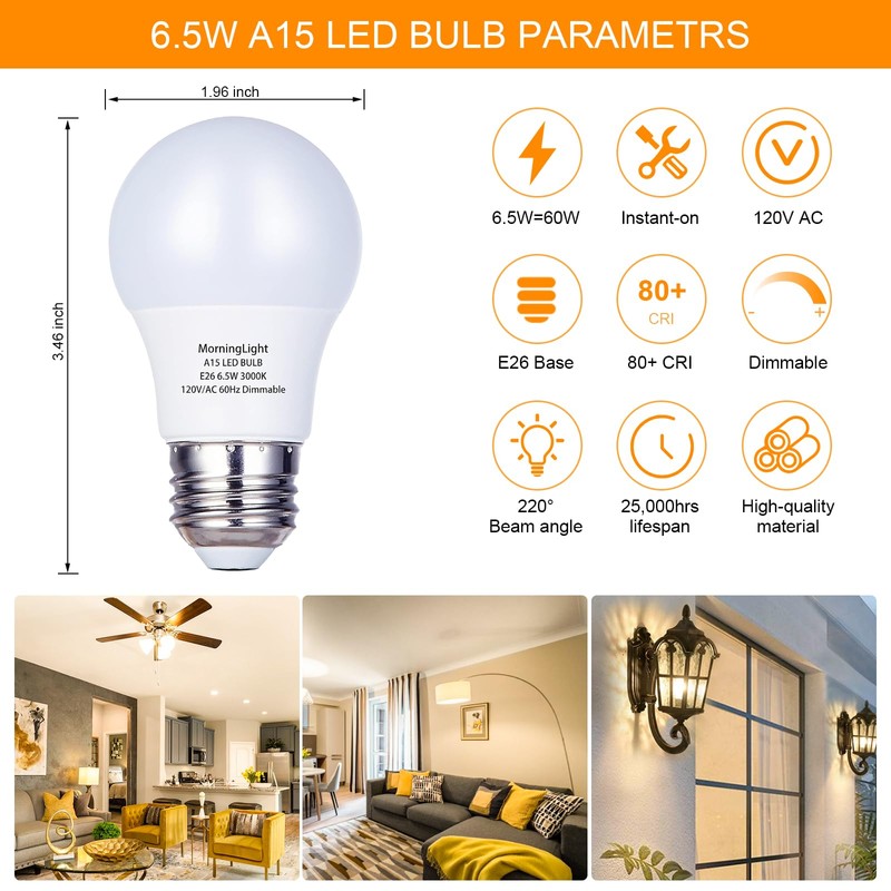 MorningLight 6 Pack A15 LED Bulb, 6.5W Dimmable LED Light