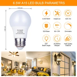 MorningLight 6 Pack A15 LED Bulb, 6.5W Dimmable LED Light Bulb Equal 60 Watt Incandescent Bulbs, 3000K Soft White, E26 Base, A15 6.5W Appliance Light Bulb for Ceiling Fan, Lighting Fixtures, 600LM