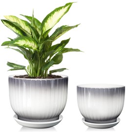 YUFDA 6.7 + 5.5 Inch Ceramic Plant Pots,Planters with Drainage and Saucer,Indoor Pots for Plants,Modern Flower Pots for Home and Office（Gray + White）