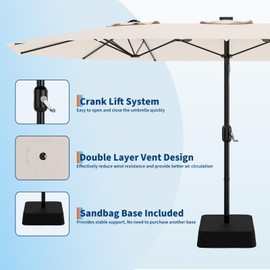 15FT Rectangular Patio Umbrella with Base Included - Large Patio Umbrella with Crank Handle, UV Protection for Outdoor Market, Backyard, Pool - Beige