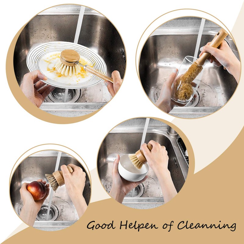 HANGOU Bamboo Dishwashing Brush with Handle Kitchen Scrubber Brush Set