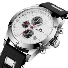 MEGALITH Mens Watches Chronograph Waterproof Watches for Men Silver Face Analogue Quartz Wrist Watches Designer Gents Watches Black Rubber Luminous Date