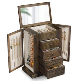 Emfogo Jewelry Box for Women, 5 Layer Large Wood Jewelry Boxes & Organizers for Necklaces Earrings Rings Bracelets, Rustic Jewelry Organizer Box with Drawers and Mirror(Vintage)