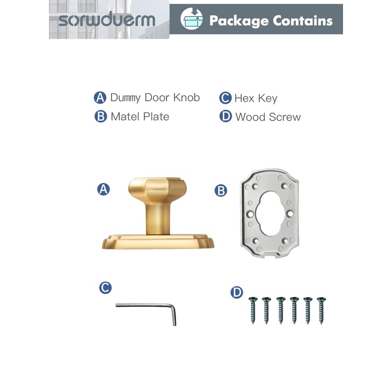 SORWDUERM 2 Pack Dummy Gold Door Knobs Interior Satin Brass