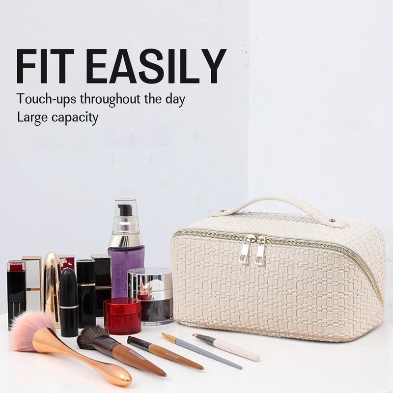 Large Capacity Travel Makeup Bag, Woven Leather Makeup Bag, Waterproof