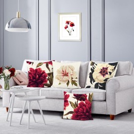 Bonhause Peony Flower Throw Pillow Covers 16 x 16 Inch Red and White Floral Decorative Pillow Cases Polyester Linen Cushion Covers for Sofa Couch Bedroom Home Decor Set of 4