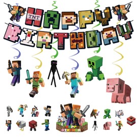 Birthday Decoration Boys, Miner Gamer Birthday Decoration Man, Birthday Decorations for 6-9 Years, Pixel Decoration, Reusable Happy Birthday Banner