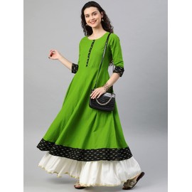 Yash Gallery Women's Cotton Slub Printed Anarkali Kurta (Green)