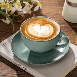 Cup and Saucer Set Turquoise Ceramic Cappuccino Mug Set of 1-10 oz Microwave and Dishwasher Safe, Perfect For Tea, Espresso, Latte - Porcelain Mugs for Kitchen or Cafe