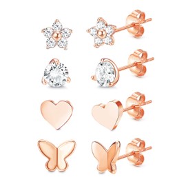 Kakonia 4 Pairs 925 Sterling Silver Stud Earrings Set for Women Heart CZ Butterfly Flower Stud Earrings Hypoallergenic Cubic Zirconia Cartilage Earrings Set