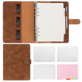 Skycase A5 Binder Notebook Folder Portfolio, 6 Holes Loose Leaf Binder PU Leather, Ring Binder Planner, Ring Binder DIN A5 Diary Ring Binder Cover with Filling Paper/Binder Pockets/Paper Sheet, Brown