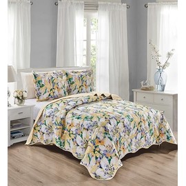 Grand Linen 3-Piece Queen Size Wave Edged Oversized Quilt Set 100 inch X 106 inch All Seasons Large Bedspread, Pillow Shams Lightweight Soft Coverlet Beige Purple Green Colors Bed Cover Floral Pattern