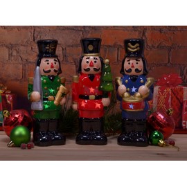 Mark Feldstein & Associates Ceramic Pre Lit LED Holiday Classic Colorful Nutcracker Tabletop Figurines, Set of 3, 8 Inch