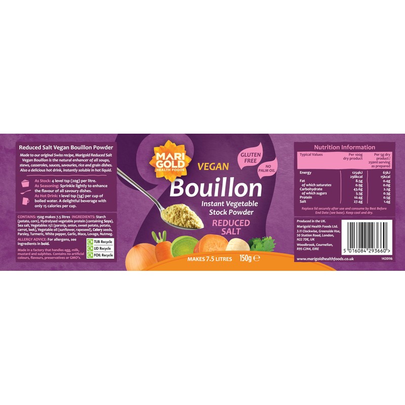 Marigold Swiss Vegetable Vegan Bouillon Powder Reduced Salt 150 g
