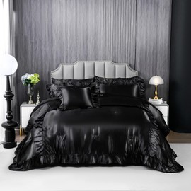 Herside Satin Comforter Set with Sheet Set King Size,8 Pieces Black Ruffle Comforter Silk Like Satin Bedding Set,Soft Smooth Luxury Silky Quilt Set with 1 Cushion Cover All Season