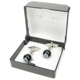 Holmes of London Novelty Black Lucky Eight Ball Snooker and Pool Cufflinks Mens Silver Shirt Wedding Box