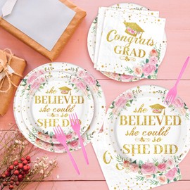 96Pcs Pink Graduation Decorations Class of 2025 Floral Congrats Grad Plates Disposable Graduation Plates Gold Bachelor Cap Grad Tableware for Women 2025 Graduation Prom Party Decorations, Serves 24
