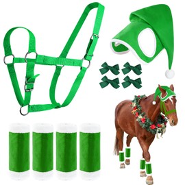 10 PCS Christmas Horse Costume, Green Christmas Horse Hat with Horse Santa Leg Wraps Xmas Santa Horse Halter and Bow Ties For Horse Tails Christmas Horse Accessory for Horse Winter Xmas Holiday Party