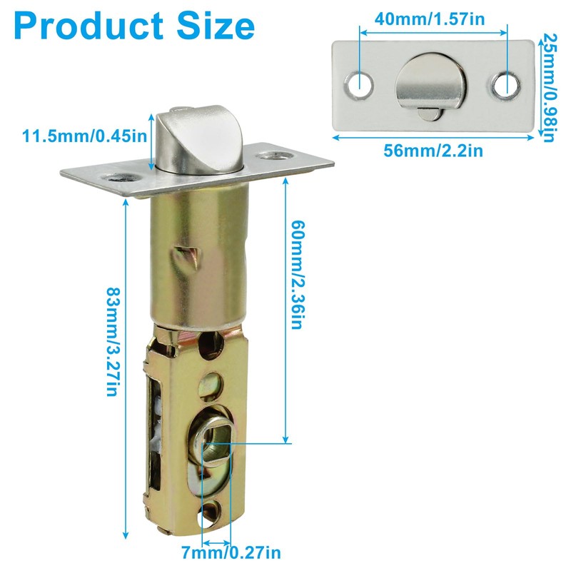 Cionyce Tubular Mortice Latch, Passage Door Latch, Adjustable Flat Latch