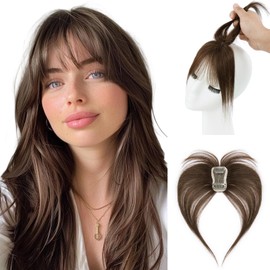Rose bud 360°Cover Bangs Hair Clip in Bangs 100% Real Human Hair Topper Medium Brown Fringe with Temples Wispy Bangs Hair Pieces for Women