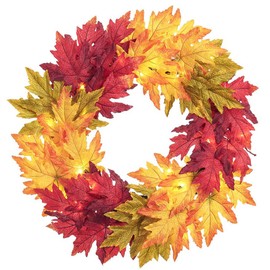 SilksAreForever 24" Maple Leaf LED-Lighted Artificial Hanging Wreath -Fall