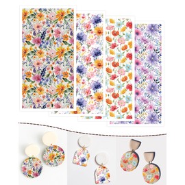 Puocaon Watercolor Flower Transfer Paper - 20 Sheets Vintage Rustic Floral Transfer Paper for Polymer Clay Earrings, 4 Design Retro Flower Clay Transfer Paper for Jewelry