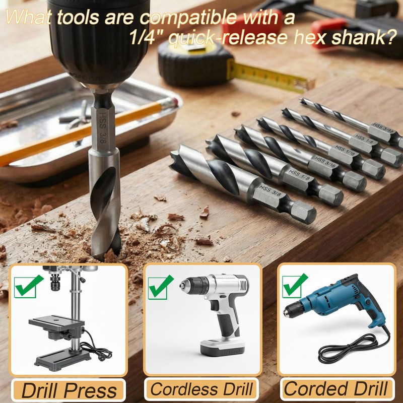 10PCS Brad Point Drill Bit Set for Woodworking, HSS 1/4"