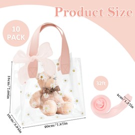 10PCS Small Gift Bags with Ribbon, 18 X 20 X 10cm Reusable PVC Clear Plastic Bags, Transparent Flower Tote Bag for Gift Packaging Wedding Birthday Shopping Boutique (Pink)