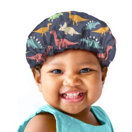 Babrukda Soft Kids Satin Sleeping Cap, Curly Natural Hair Bonnet Night Hat, Boys Girls Adjustable Elastic Band Beanie Hat for Toddler Children Baby Cute Dinosaur