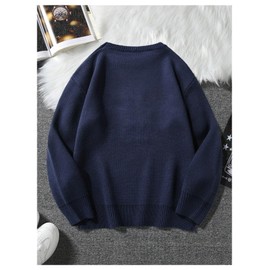 SHENHE Men's Oversized Crew Neck Cute Bear Sweater Vintage Unisex Preppy Sweater Jumper Deep Blue Large