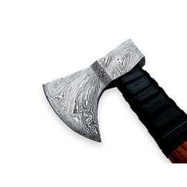 Hand Forged Damascus Steel Viking Axe with Rose Wood Handle & Leather Sheath – Camping, Survival, Bushcraft Hatchet OB-0786