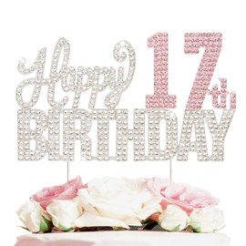 Nelbiirth Decoración para tartas con diamantes de imitación plateados y rosados de feliz cumpleaños 17 – Letrero de metal brillante con texto en inglés "Cheers to 17 Years Old Seventeen Bday"