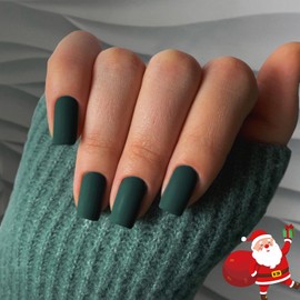Spring Matte Dark Green Press on Nails Short Medium Square Glue on Nails Set,KQueenest Solid Color Fake Nails Short Coffin Acrylic Nails Press on Gel Nails for Women Winter Reusable False Nails in 24 Pcs