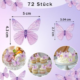 Suofuolef 72 Stück Schmetterlinge Tortendeko Essbar, Lila 3D Kuchen Deko, Essbare Cupcake Deko für Hochzeit, Geburtstag, Jubiläum
