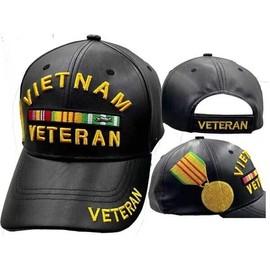 Vietnam Veteran Medallion Black Cap Hat Premium Quality PU Leather