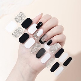 LIFOOST Fully Cured Gel Nail Strips Black White Long Lasting Nail Polish Wraps Salon-Quality Free Nail Lamp Light Glitter Gel Nail Stickers for Women Manicure