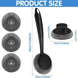 5 Pack Scrubber with Handle Comes with Three Replacement Balls Steel Wool, Short Handle Scrubber, Steel Wool Scrubber Supplies Dish Scrubber, Stainless Steel Scrubber Tool Metal Scrubber for Dishes