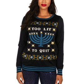 Tipsy Elves 'Hanukkah Too Lit to Quit Light Up Suéter - Divertido suéter de vacaciones con LED azul, Marino, XL