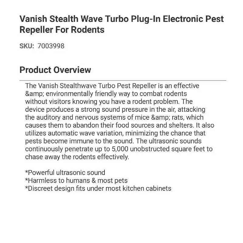 Vanish #P7782 Stealth Wave Turbo Plug-In Electronic Pest Repeller For