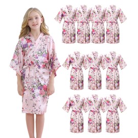 MORFORU 10pcs Girls Kids Silky Satin Daffodils Kimono Robe Sleepwear for Wedding Spa Birthday Party(pink-12-10pcs)