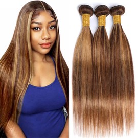 Cofamiso Human Hair Bundles 10 12 14 Inch Straight Human Hair Bundles Brazilian Chocolate Honey Blonde Highlight P4/27 Straight Bundles Human Hair P4/27 Human Hair